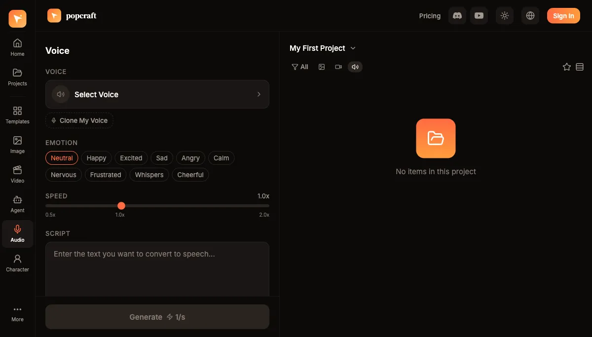 Popcraft's Audio interface — select a voice, adjust emotion and speed, enter your script
