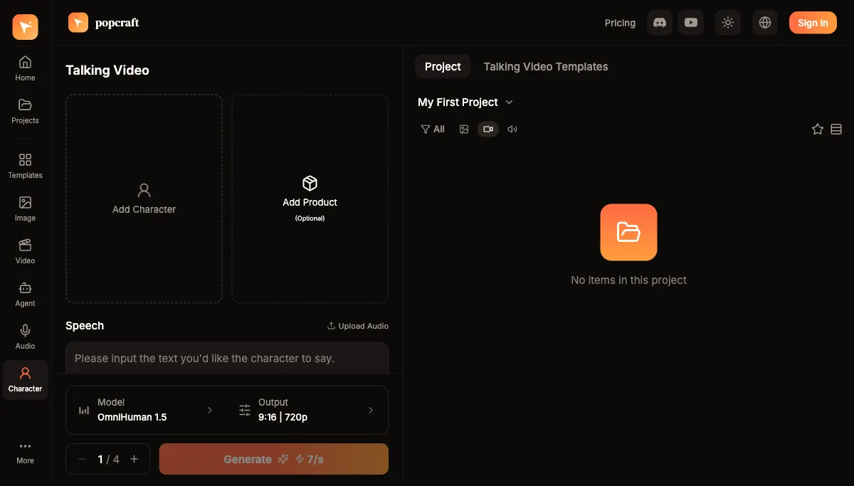 Popcraft's Talking Video interface — add a character, write a script, and generate a realistic talking video