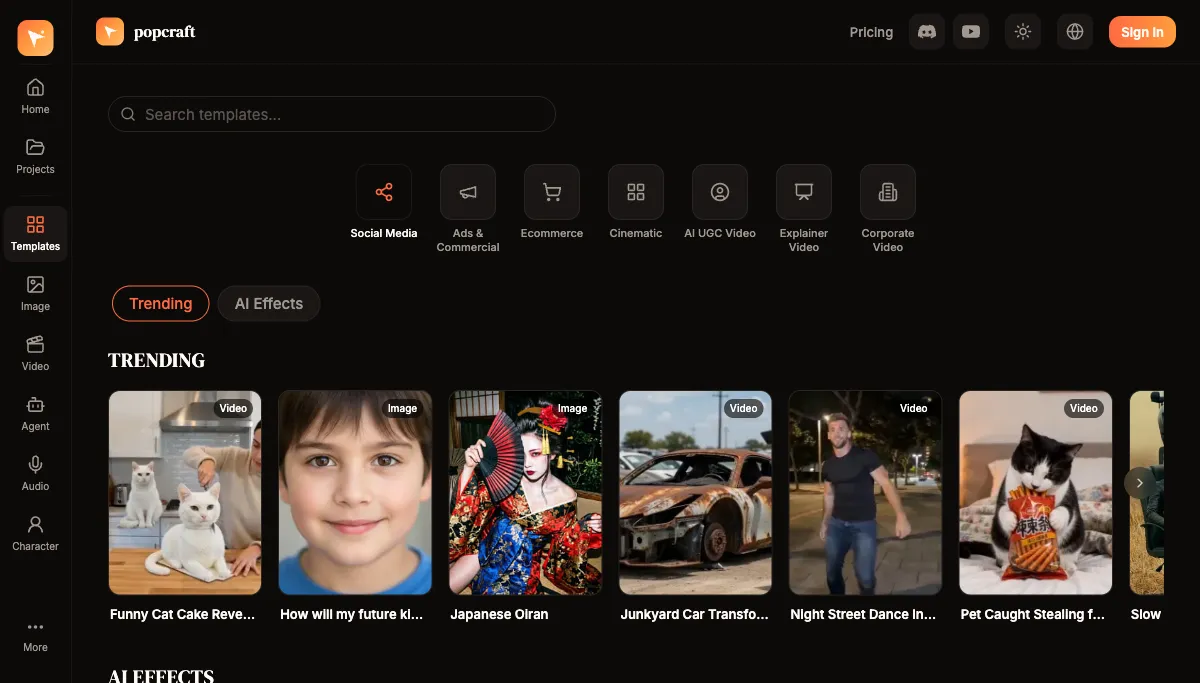 Popcraft's Apps gallery — ready-to-use templates for Social Media, Ads, E-commerce, and more