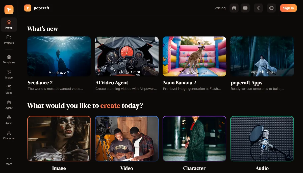 Popcraft features Seedance 2 alongside other cutting-edge AI models