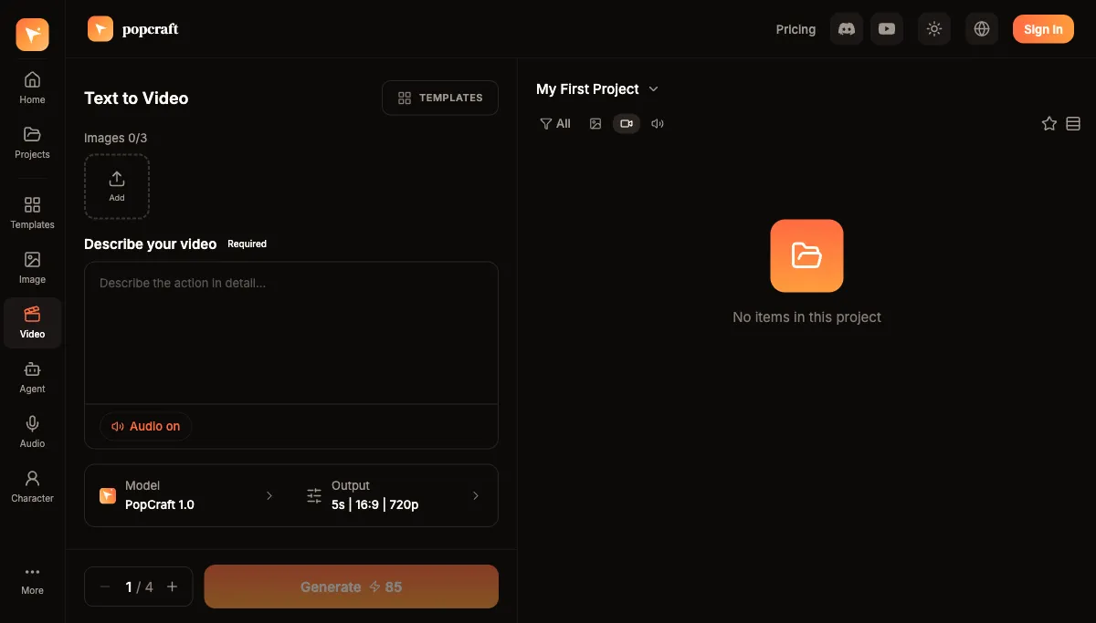 Popcraft's video generation interface — describe your vision and choose from multiple AI models