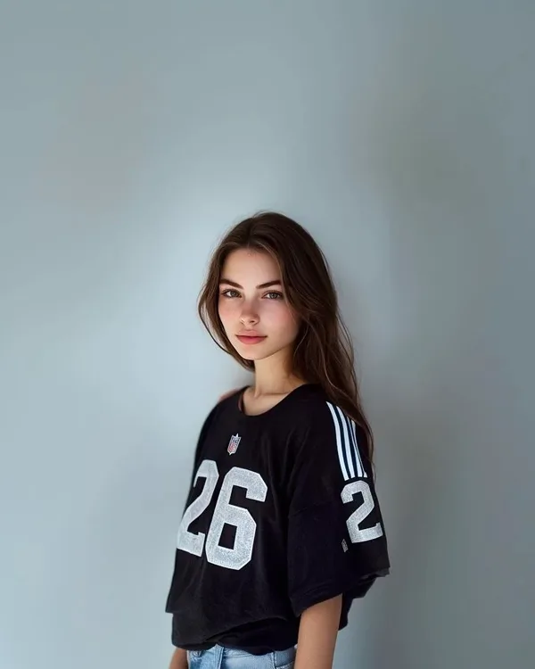 Model wearing an oversized black number 26 sports jersey