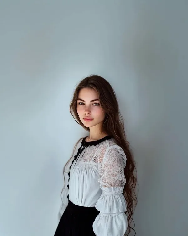 Model wearing a white lace blouse with a black skirt