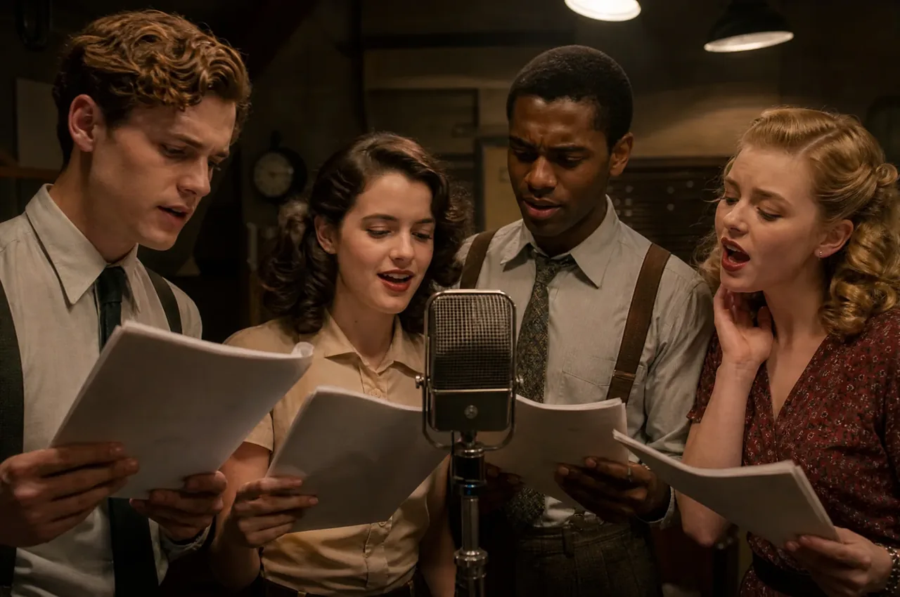 A radio-drama cast of four actors gathered around one microphone