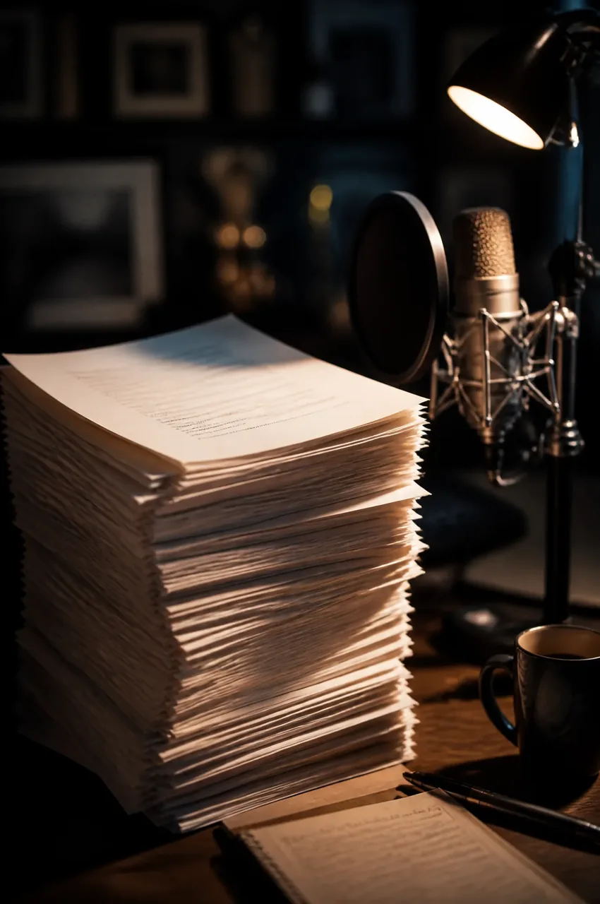 A tall stack of manuscript pages beside a studio microphone under warm lamp light