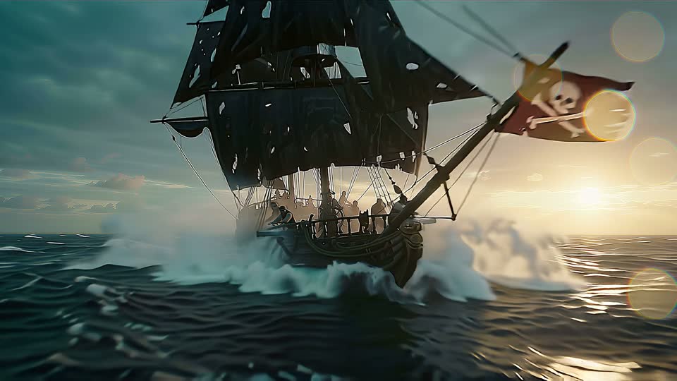 1 second in: the galleon crashes through storm waves under a skull flag