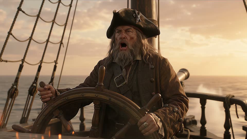 22 seconds in: the captain bellows an order from the wheel