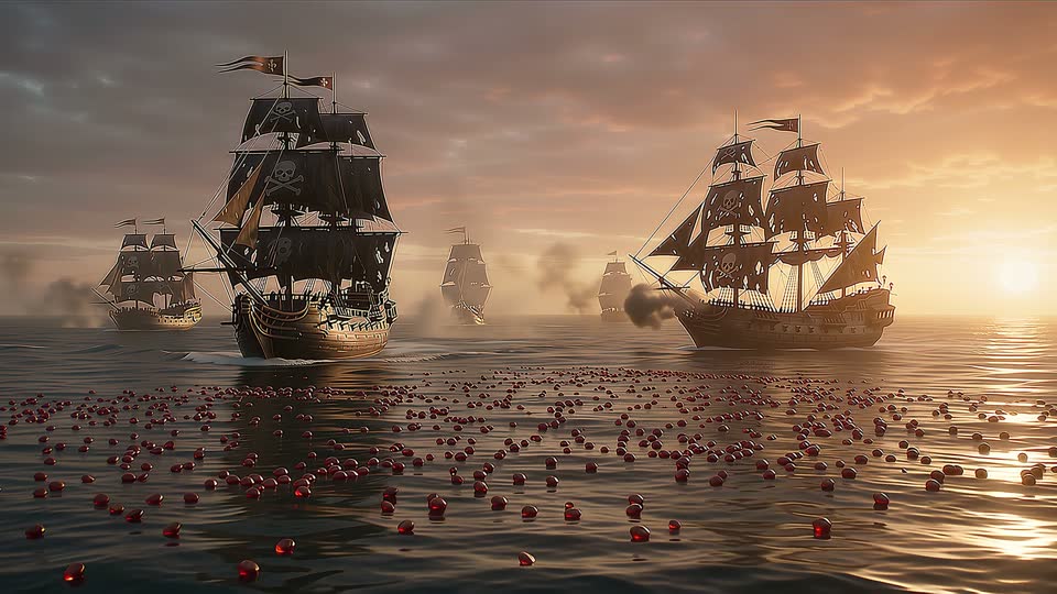 29 seconds in: three ships on a sea scattered with cranberries at sunset
