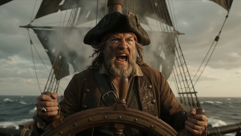 36 seconds in: close on the captain shouting, sails torn behind him