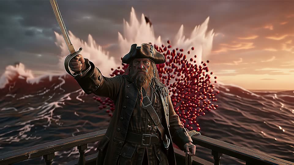 8 seconds in: the captain raises his cutlass as cranberries spray into the air