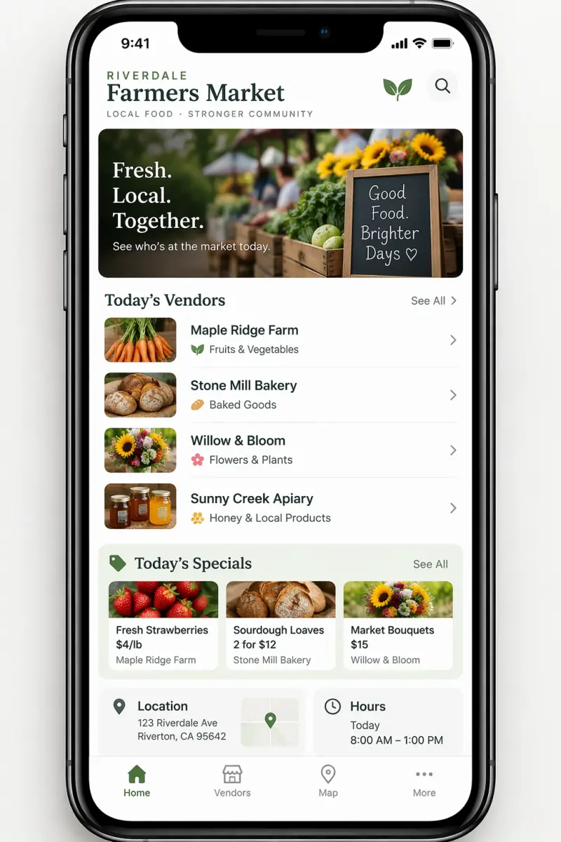 The same farmers-market app mockup generated by GPT Image 2.5
