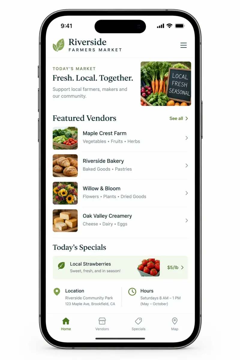 Farmers-market mobile app mockup generated by GPT Image 2.5 Fast