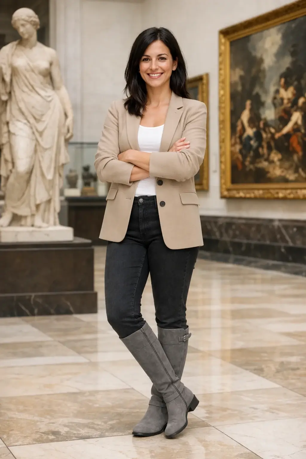 The same woman wearing a new outfit composed from clothing references