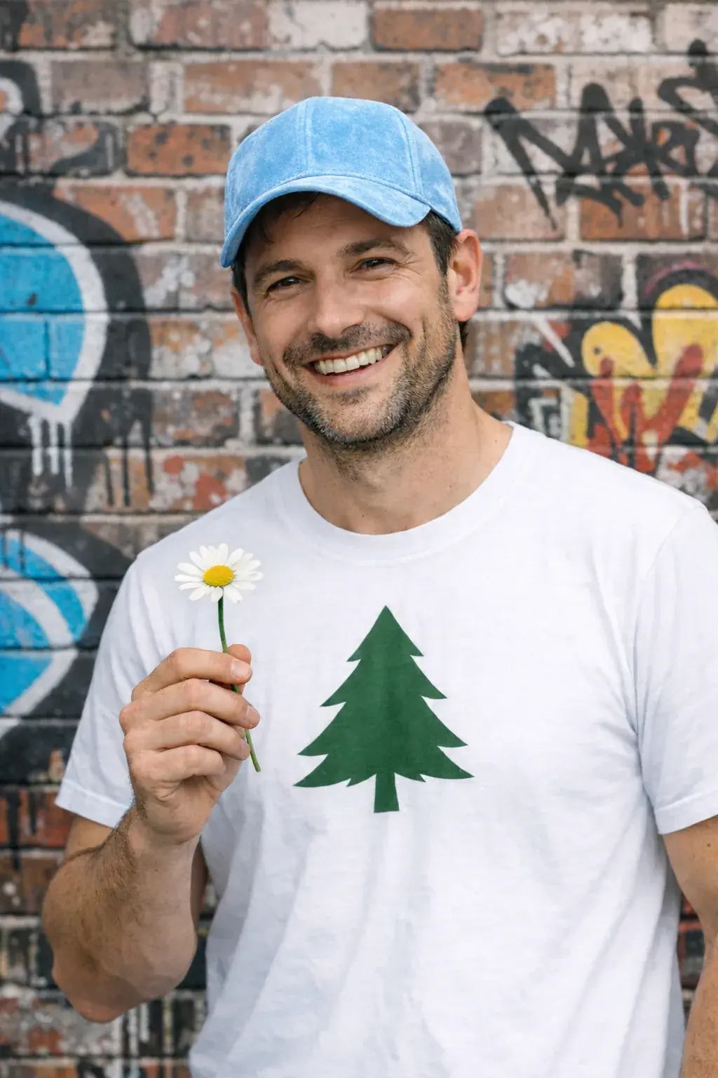Man in a blue cap holding a flower