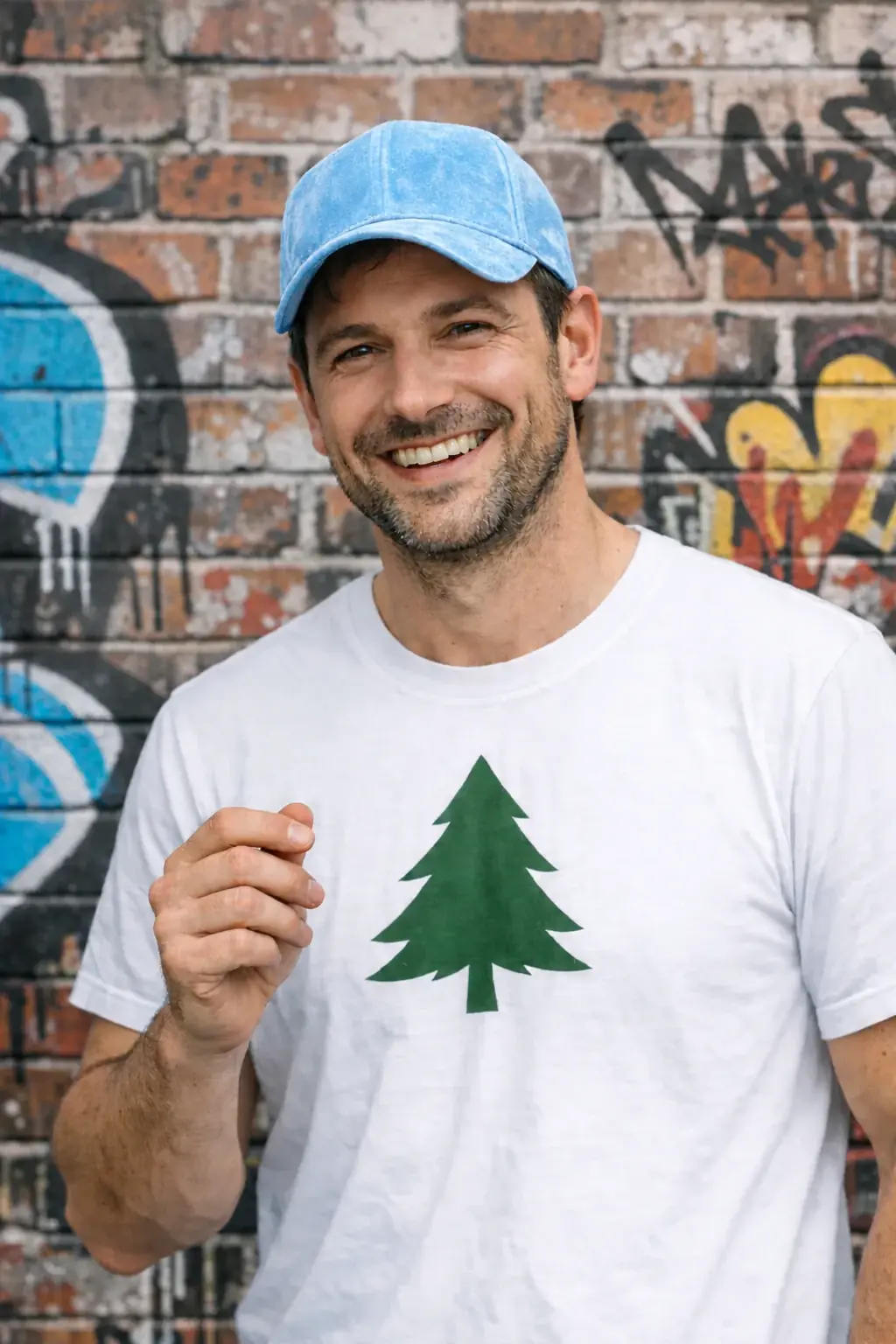 The same man in a blue cap with the flower removed