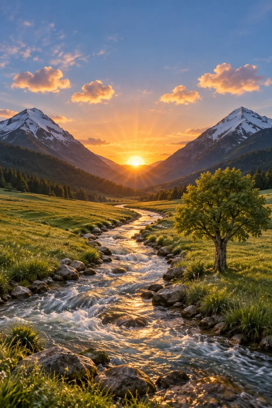 A photorealistic river valley matching the line drawing's composition