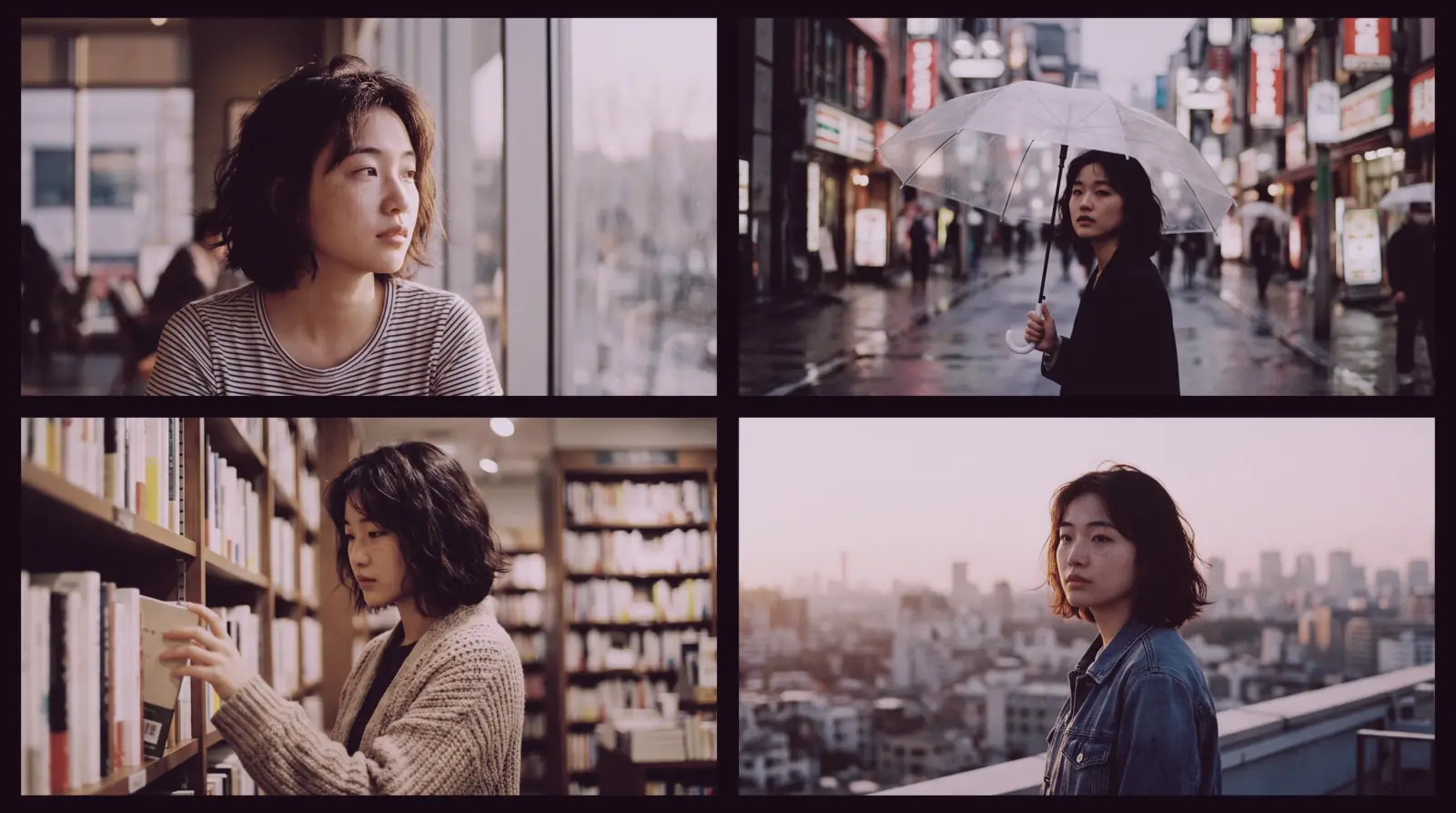Four portraits of the same person in different locations and lighting