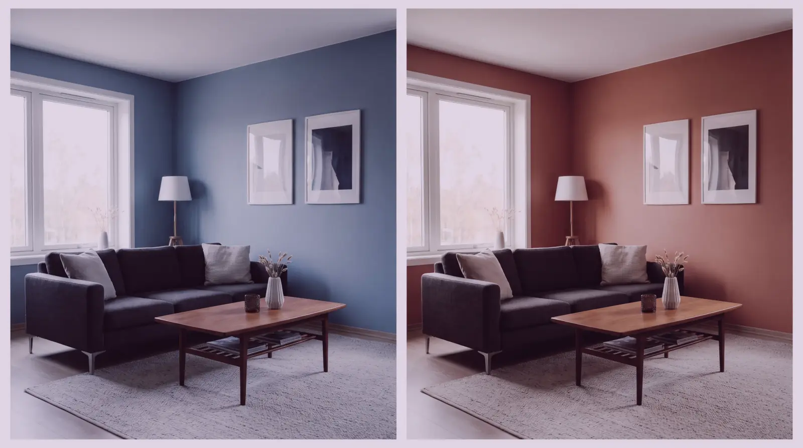 A living room before and after an in-context wall-colour edit
