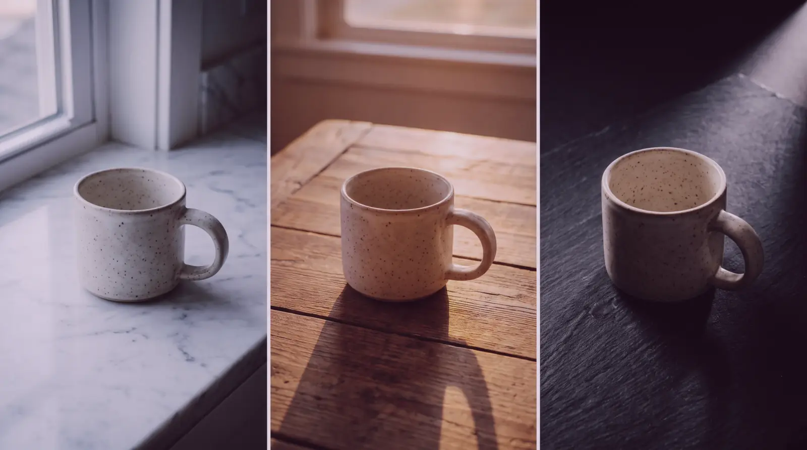 Three variants of the same ceramic mug under different lighting conditions