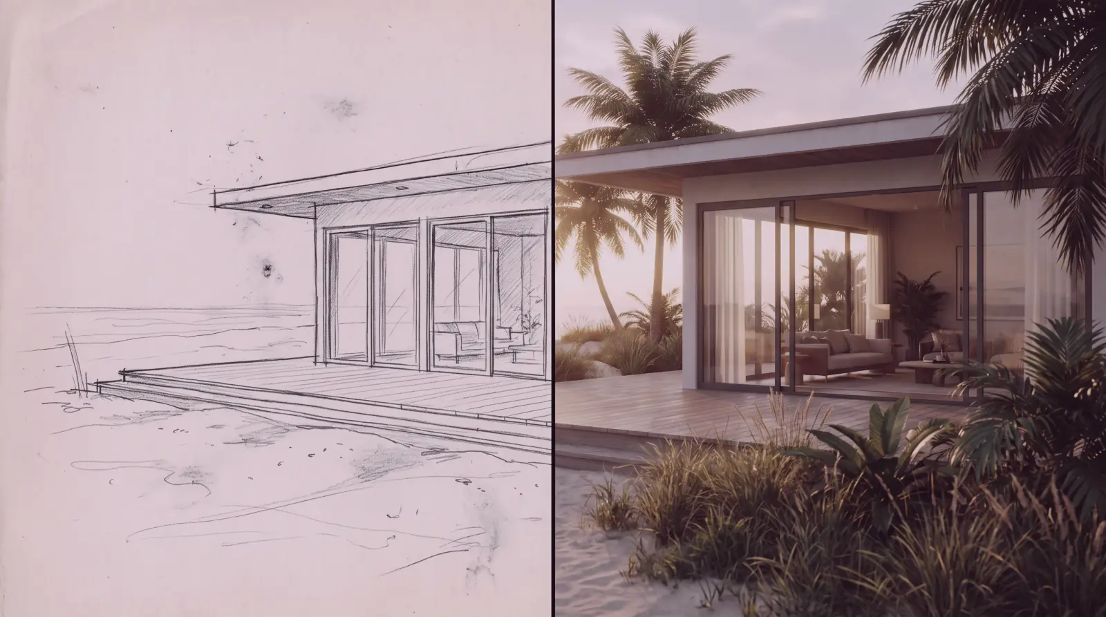 A pencil sketch of a beach house beside its photorealistic render