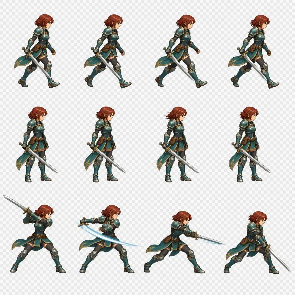 A twelve-frame character sprite sheet showing walk, idle and attack cycles