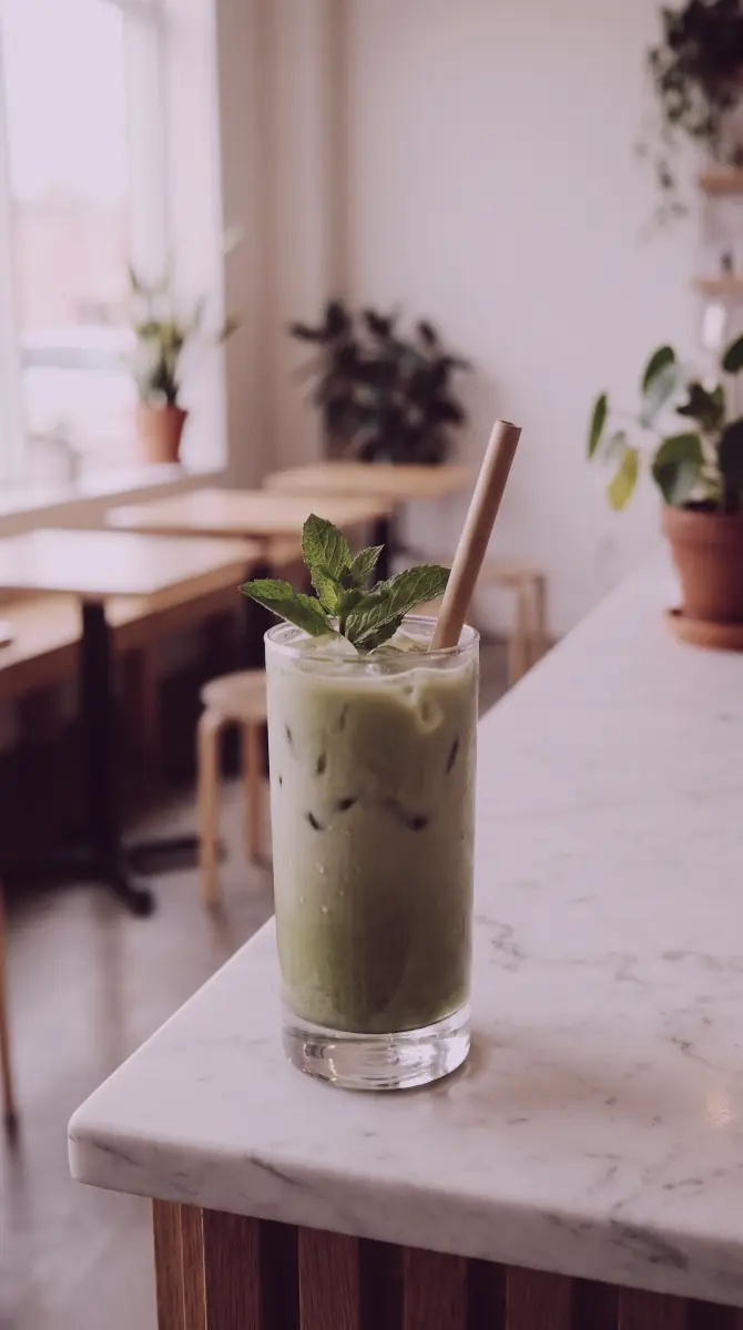 Iced matcha latte on a marble counter in soft morning light