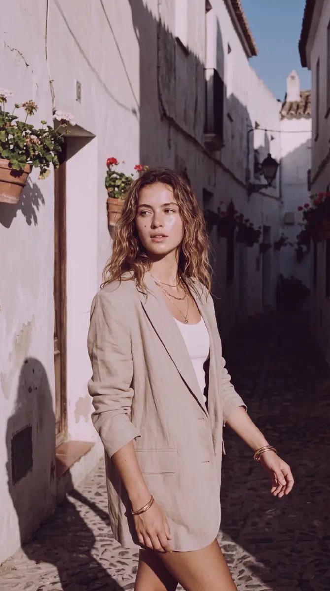Fashion editorial of a woman walking through a Mediterranean alley in afternoon sun