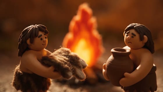 Two clay figures barter a fleece for a pot beside a fire.