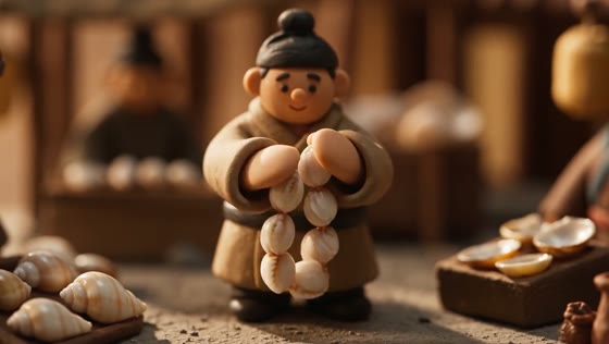 A clay trader at a market stall holds up a string of shells.