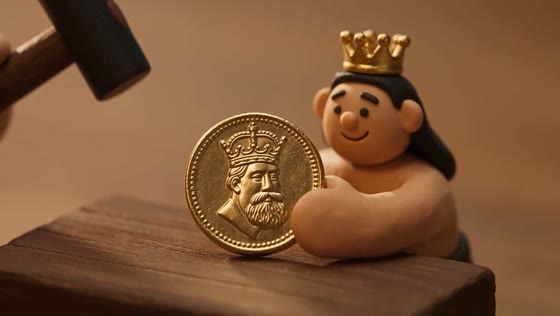 A hammer strikes a gold coin bearing a king’s head on a wooden block.