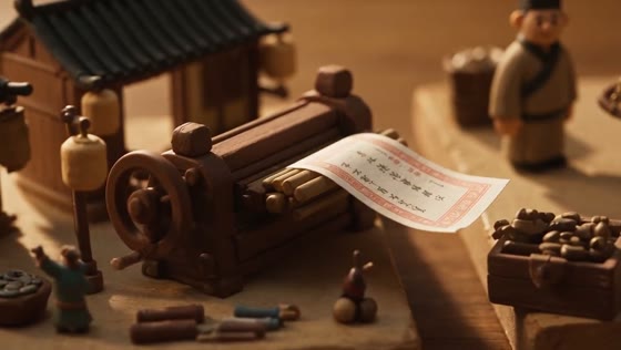 A clay printing press pushes out a banknote.