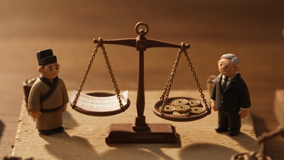 A balance weighs a note against a pan of coins between two figures.