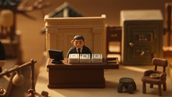 A banker sits at a desk with stacks of notes and a safe behind him.