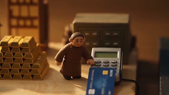 A figure pushes a card into a terminal beside a stack of gold bars.