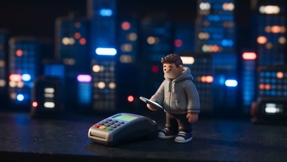 A figure taps a phone over a card reader against a neon skyline.