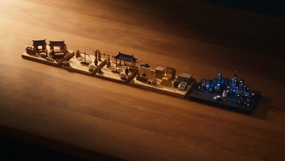 The whole diorama pulled back: the set laid out end to end on a table, warm at one end and neon at the other.