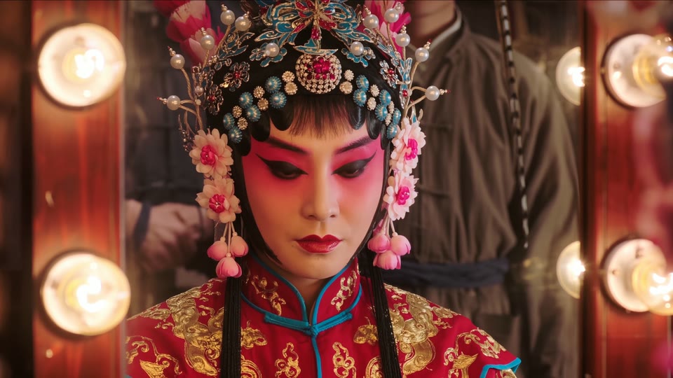 1 second in: extreme close-up of the performer's painted face in the dressing-room mirror