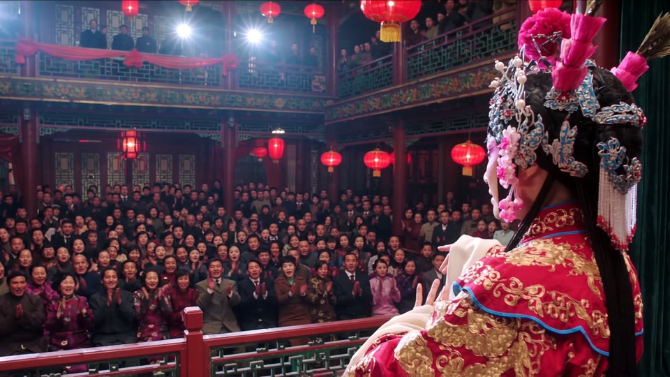 29 seconds in: the water-sleeve raised to a full theatre under red lanterns